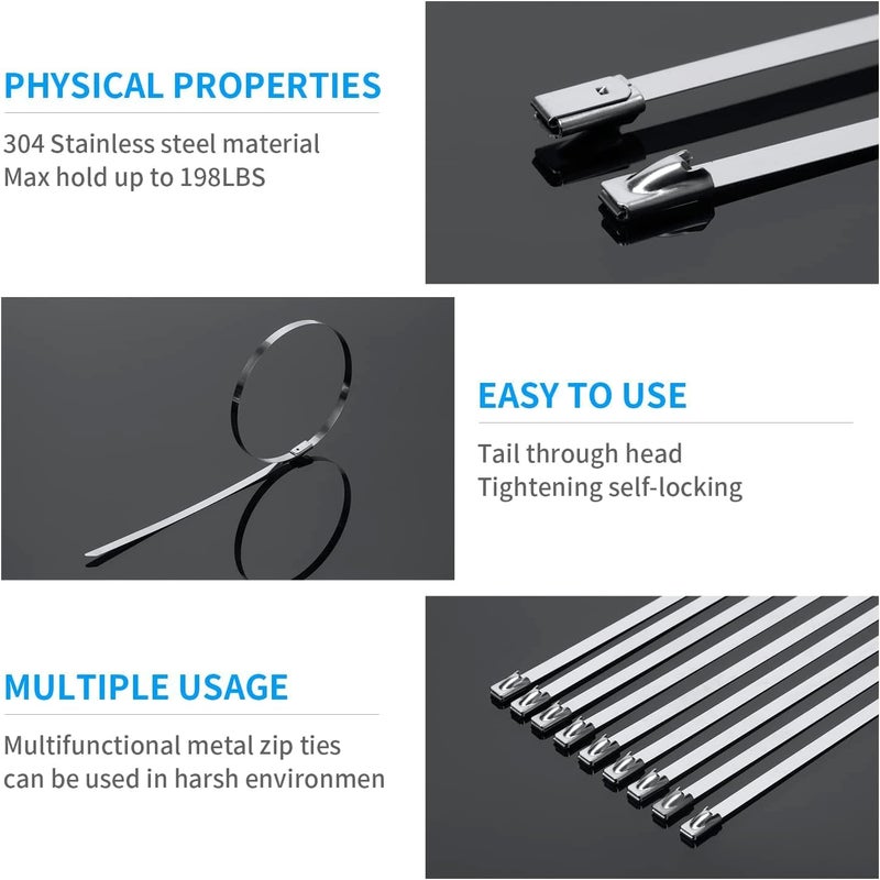 XINGO 11.8 inch Metal Zip Ties (600 Pack), 304 Stainless Steel Heavy Duty Zip Ties, 300lbs Tensile Strength, Multi-Purpose Self-locking Cable Ties for Exhaust Wrap, Outdoor and Canopy Etc - Image 4